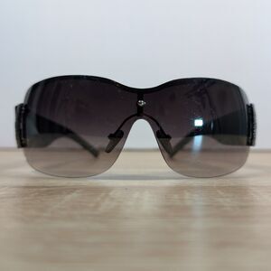 Black Shield Sunglasses Rhinestone DC Logo Oversized Glam